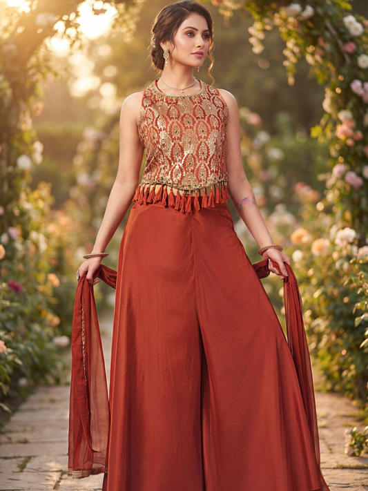 Indo-Western Backless Lehenga Set with Embroidered Tassel Choli & Flared Palazzo