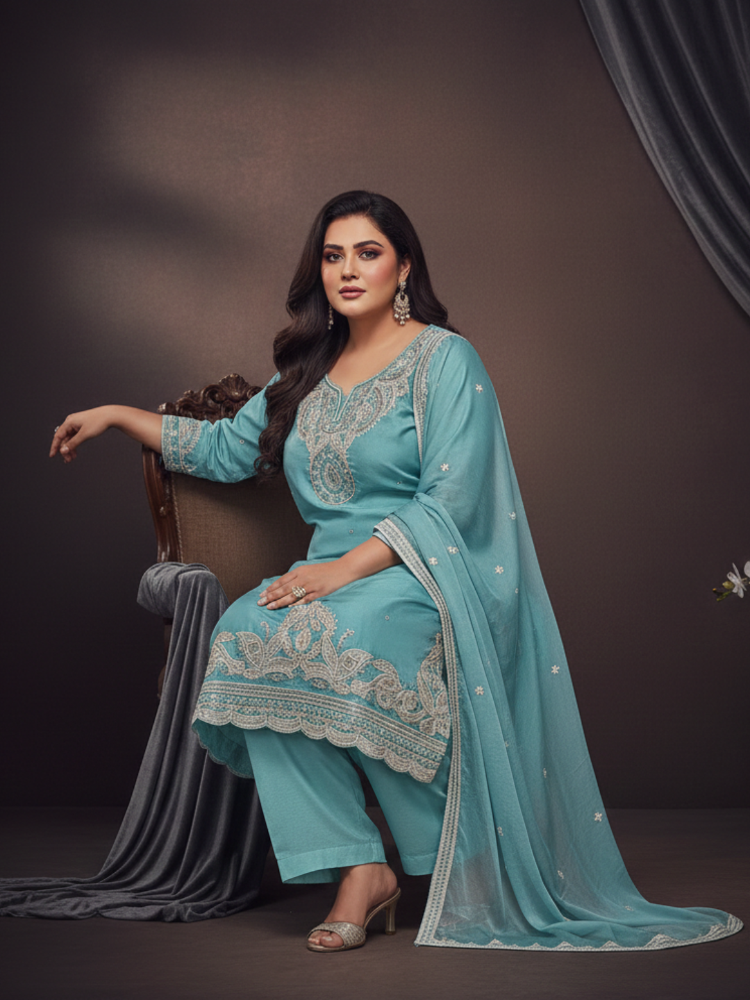 Aqua Mist Embroidered Kurta Pant Set with Graceful Dupatta - 3XL, 4XL, 5XL Collection