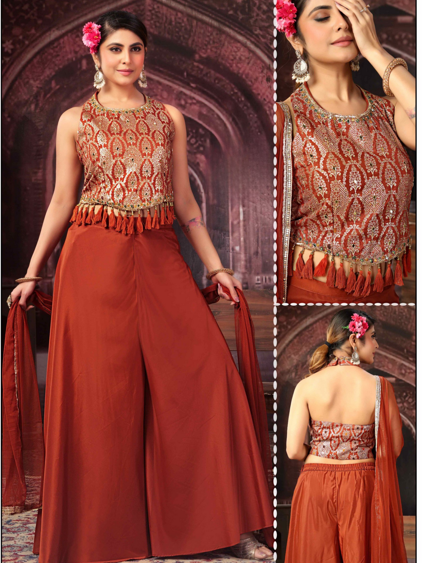 Indo-Western Backless Lehenga Set with Embroidered Tassel Choli & Flared Palazzo