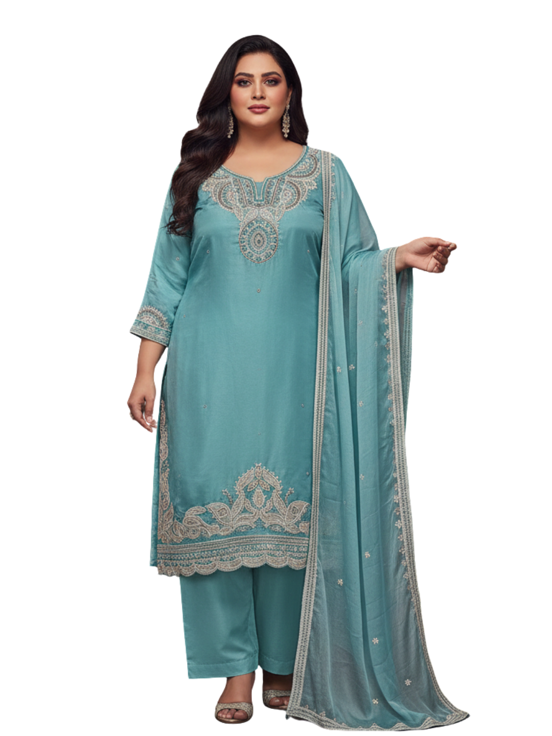 Aqua Mist Embroidered Kurta Pant Set with Graceful Dupatta - 3XL, 4XL, 5XL Collection