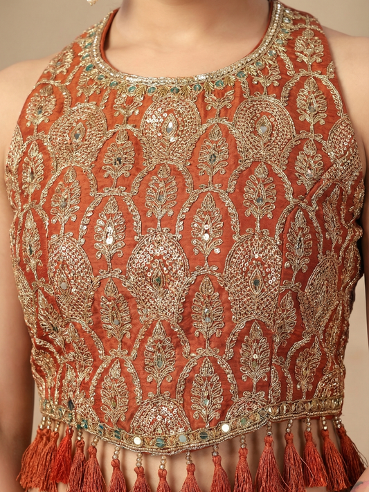 Indo-Western Backless Lehenga Set with Embroidered Tassel Choli & Flared Palazzo