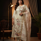 Cream Floral Printed Silk Blend Kurta Pant Set with Organza Dupatta – Plus Size Festive Ethnic Wear
