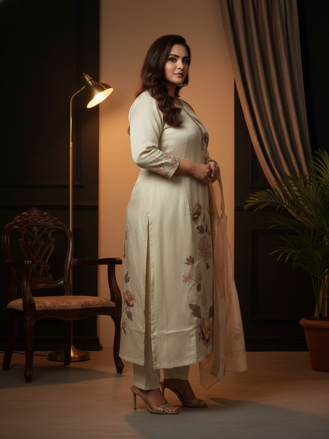 Cream Floral Printed Silk Blend Kurta Pant Set with Organza Dupatta – Plus Size Festive Ethnic Wear