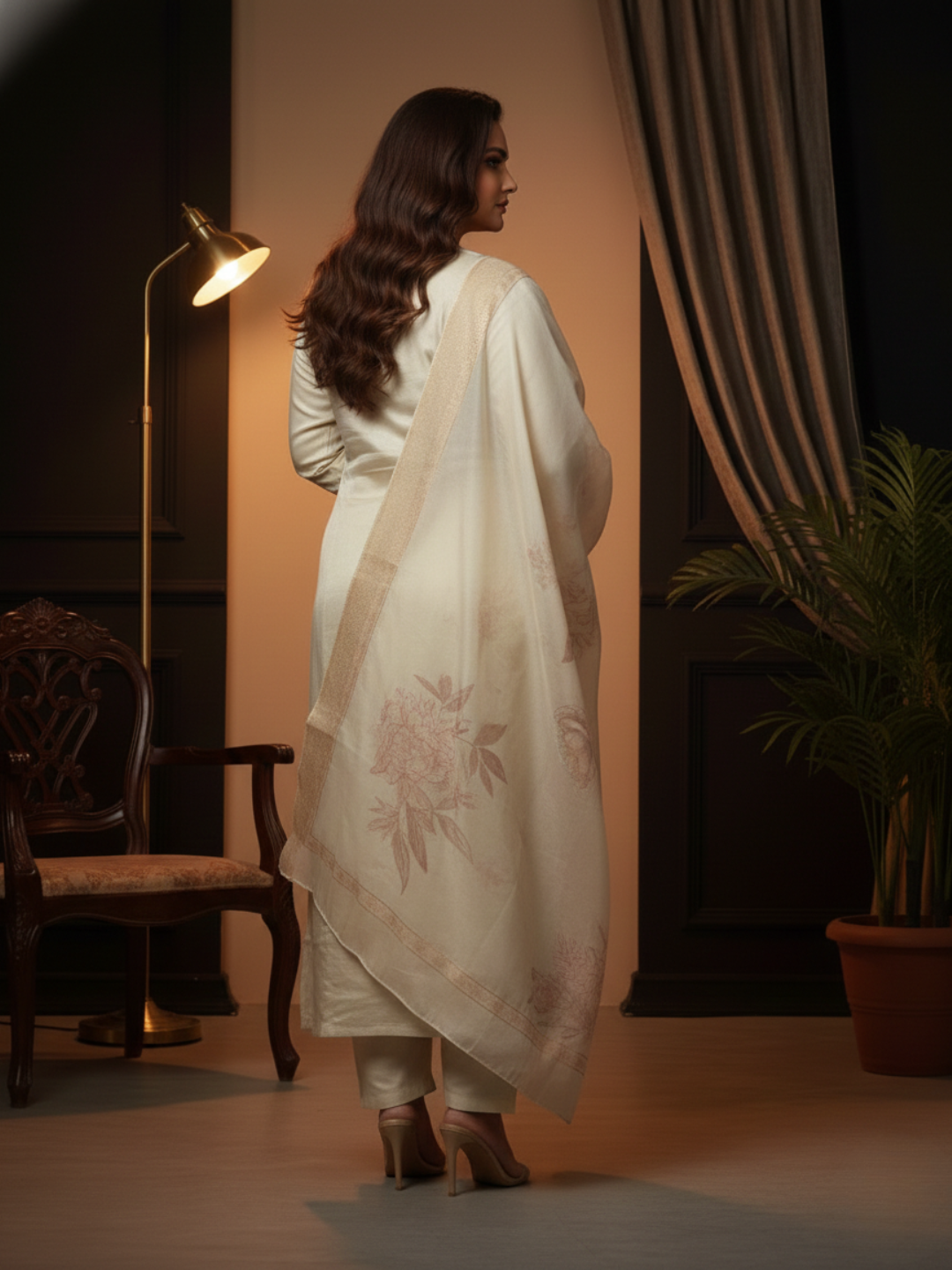 Cream Floral Printed Silk Blend Kurta Pant Set with Organza Dupatta – Plus Size Festive Ethnic Wear