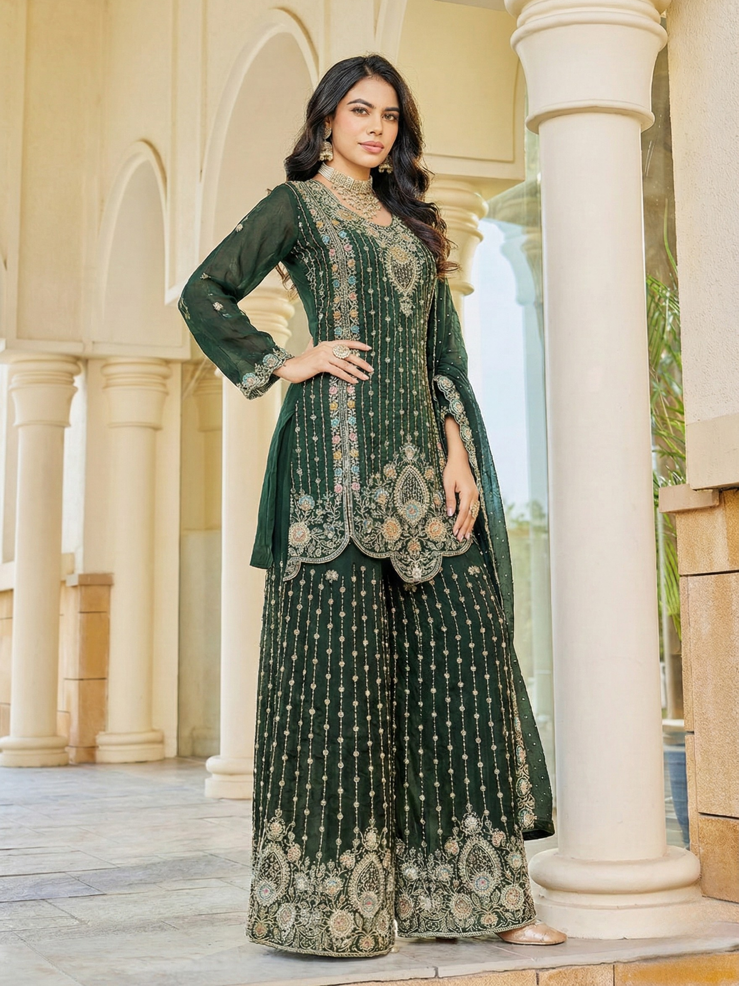 Heavily Embroidered Green Palazzo Kurta Set with Intricate Work and Matching Dupatta | 3 Piece Ethnic Set