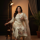 Cream Floral Printed Silk Blend Kurta Pant Set with Organza Dupatta – Plus Size Festive Ethnic Wear