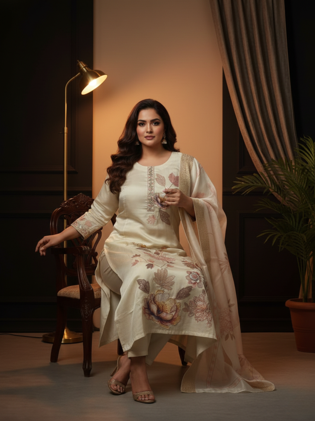 Cream Floral Printed Silk Blend Kurta Pant Set with Organza Dupatta – Plus Size Festive Ethnic Wear