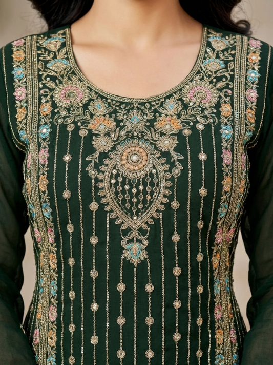 Heavily Embroidered Green Palazzo Kurta Set with Intricate Work and Matching Dupatta | 3 Piece Ethnic Set