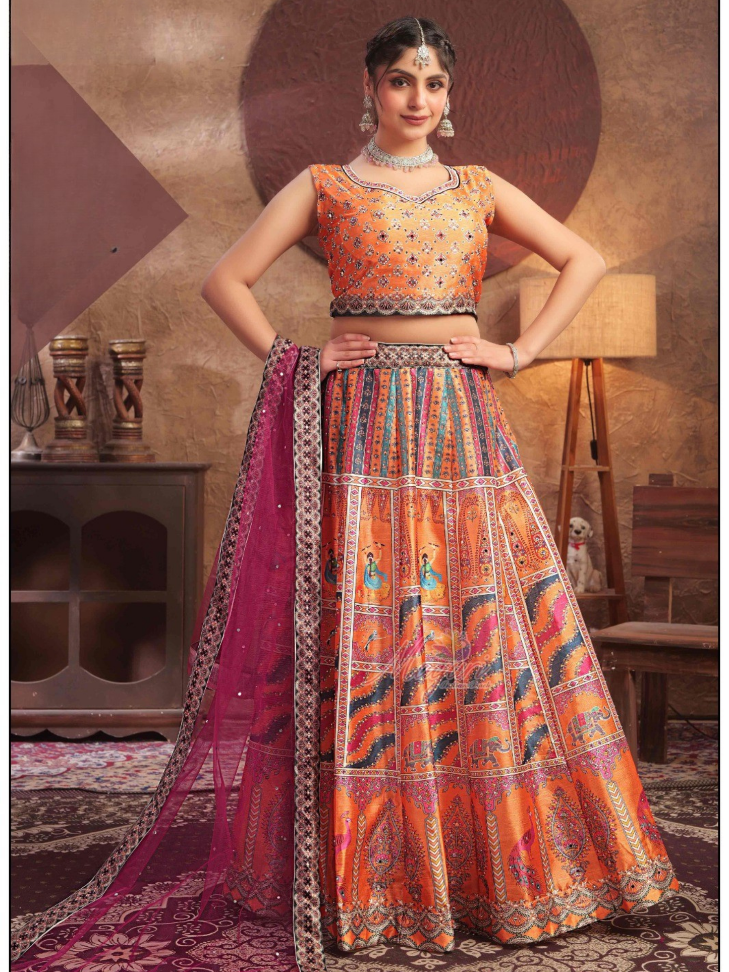 Printed Jaipuri Indo-Western Lehenga Set with Sleeveless Worked Blouse and Matching Dupatta