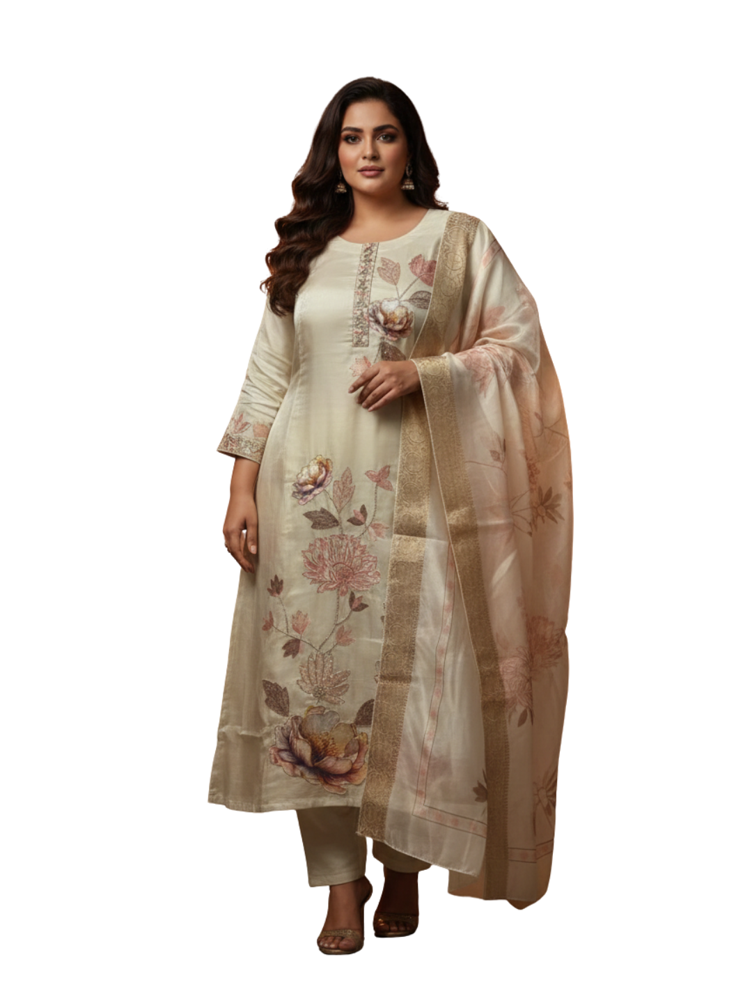 Cream Floral Printed Silk Blend Kurta Pant Set with Organza Dupatta – Plus Size Festive Ethnic Wear