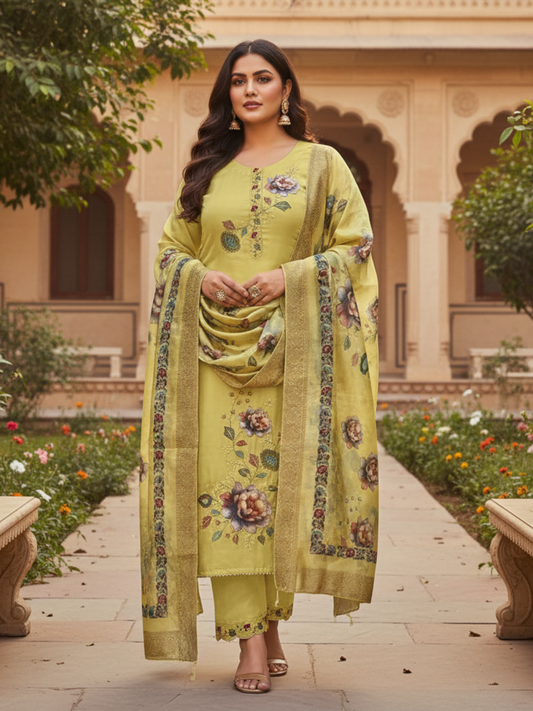 Sunlit Mustard Floral Printed Kurta Pant Set with Ornate Dupatta - Plus Size Collection by 3 Angel