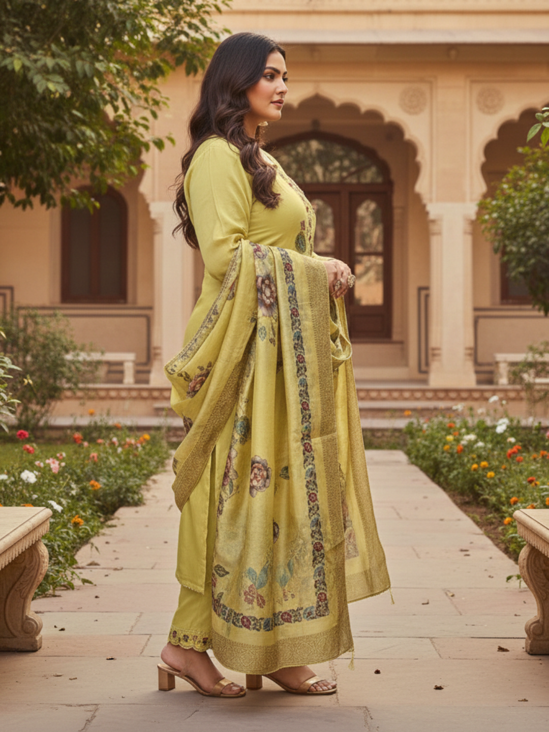 Sunlit Mustard Floral Printed Kurta Pant Set with Ornate Dupatta - Plus Size Collection by 3 Angel