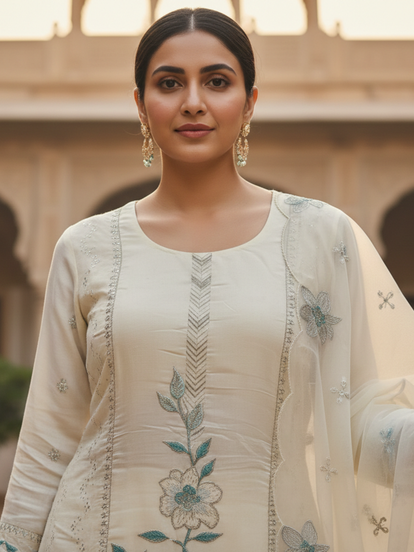 Elegant Ivory Floral Embroidered Kurta Pant Set with Dupatta – Plus Size (3XL, 4XL, 5XL)