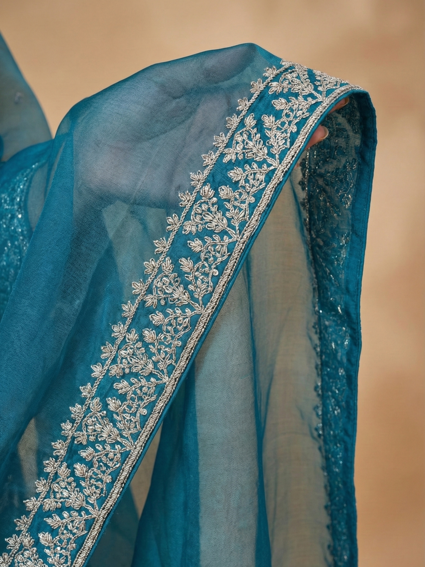 Teal Blue Embroidered Tissue Suit Set for Women | 3-Piece Kurta, Palazzo & Dupatta | Festive Wear