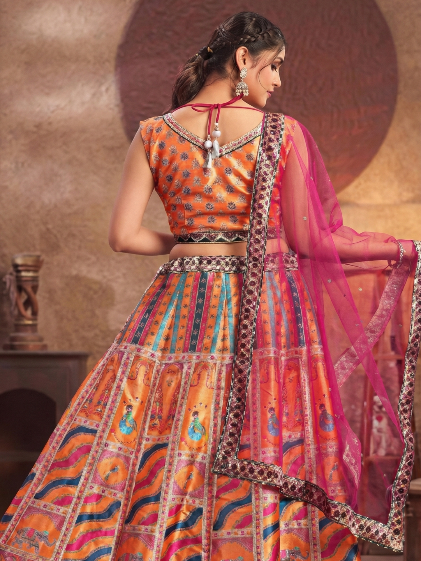 Printed Jaipuri Indo-Western Lehenga Set with Sleeveless Worked Blouse and Matching Dupatta