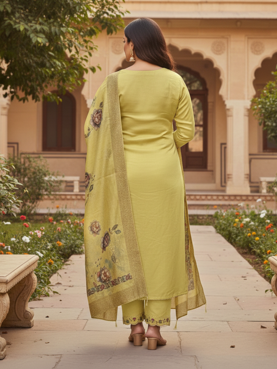 Sunlit Mustard Floral Printed Kurta Pant Set with Ornate Dupatta - Plus Size Collection by 3 Angel