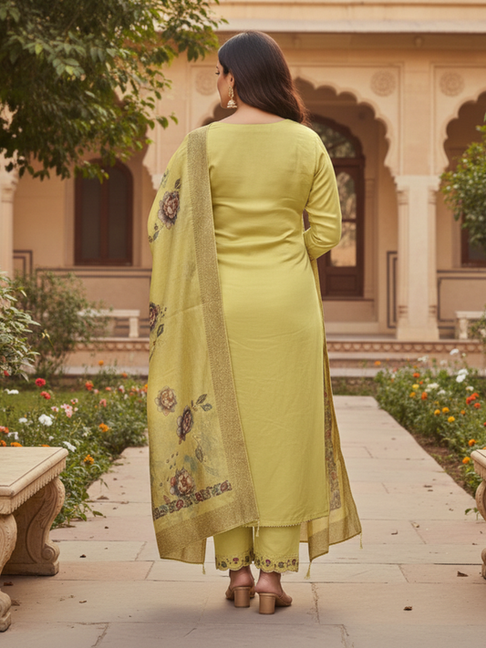 Sunlit Mustard Floral Printed Kurta Pant Set with Ornate Dupatta - Plus Size Collection by 3 Angel