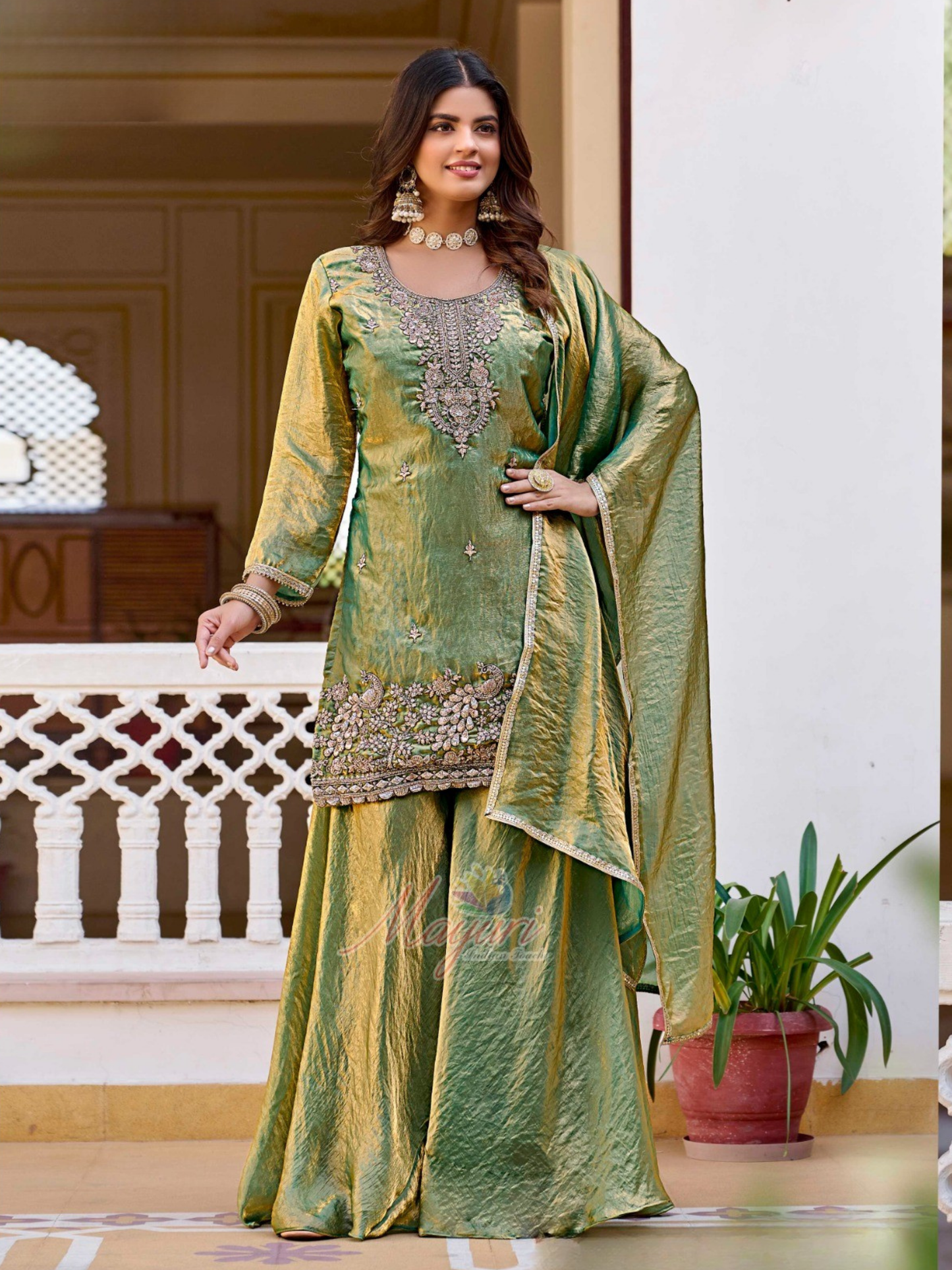 Designer Dhoop Chhaon Kurta Set with Palazzo and Dupatta