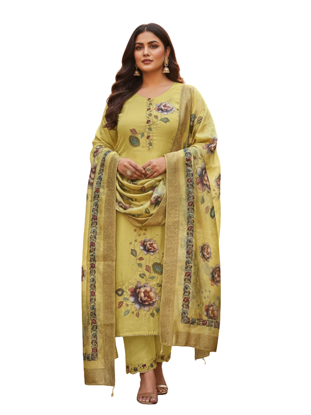 Sunlit Mustard Floral Printed Kurta Pant Set with Ornate Dupatta - Plus Size Collection by 3 Angel