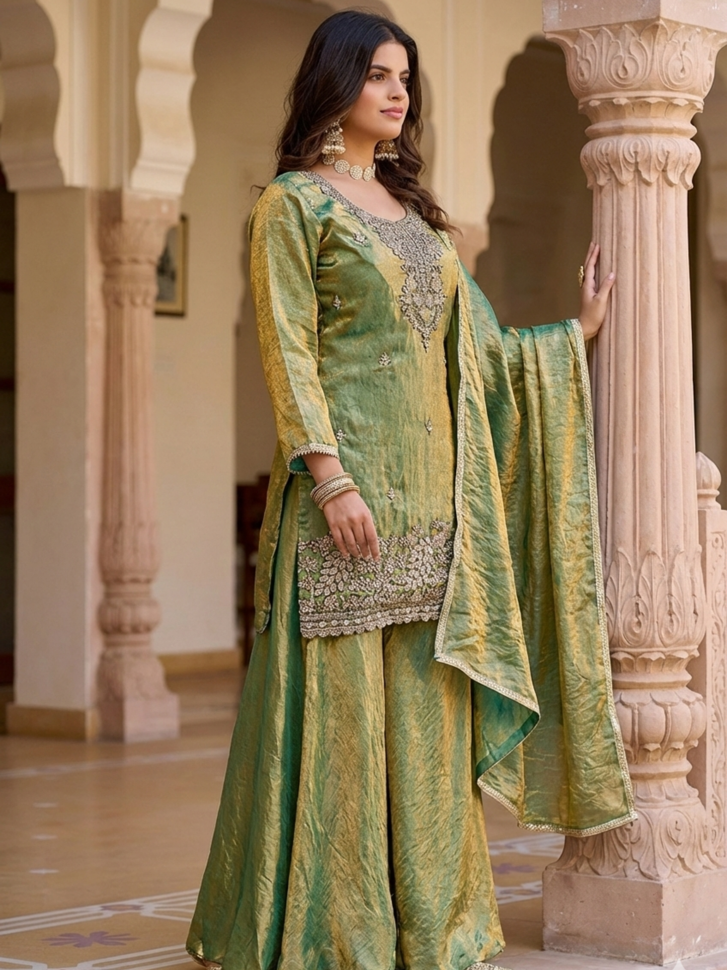 Designer Dhoop Chhaon Kurta Set with Palazzo and Dupatta