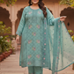 Elegant Aqua Green Embroidered Silk Blend Kurta Pant Set with Sheer Dupatta (Plus Size)