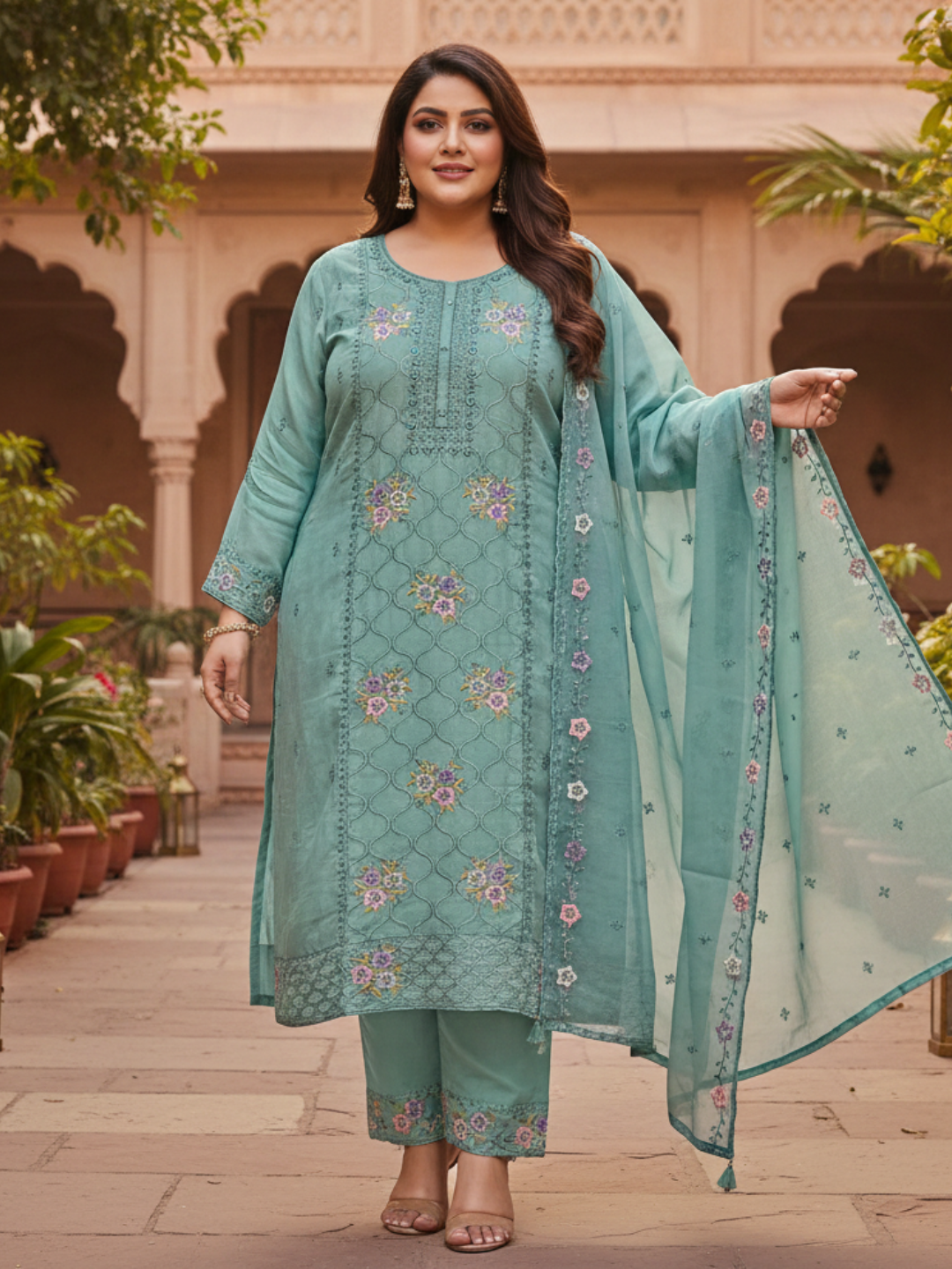 Elegant Aqua Green Embroidered Silk Blend Kurta Pant Set with Sheer Dupatta (Plus Size)
