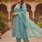 Elegant Aqua Green Embroidered Silk Blend Kurta Pant Set with Sheer Dupatta (Plus Size)
