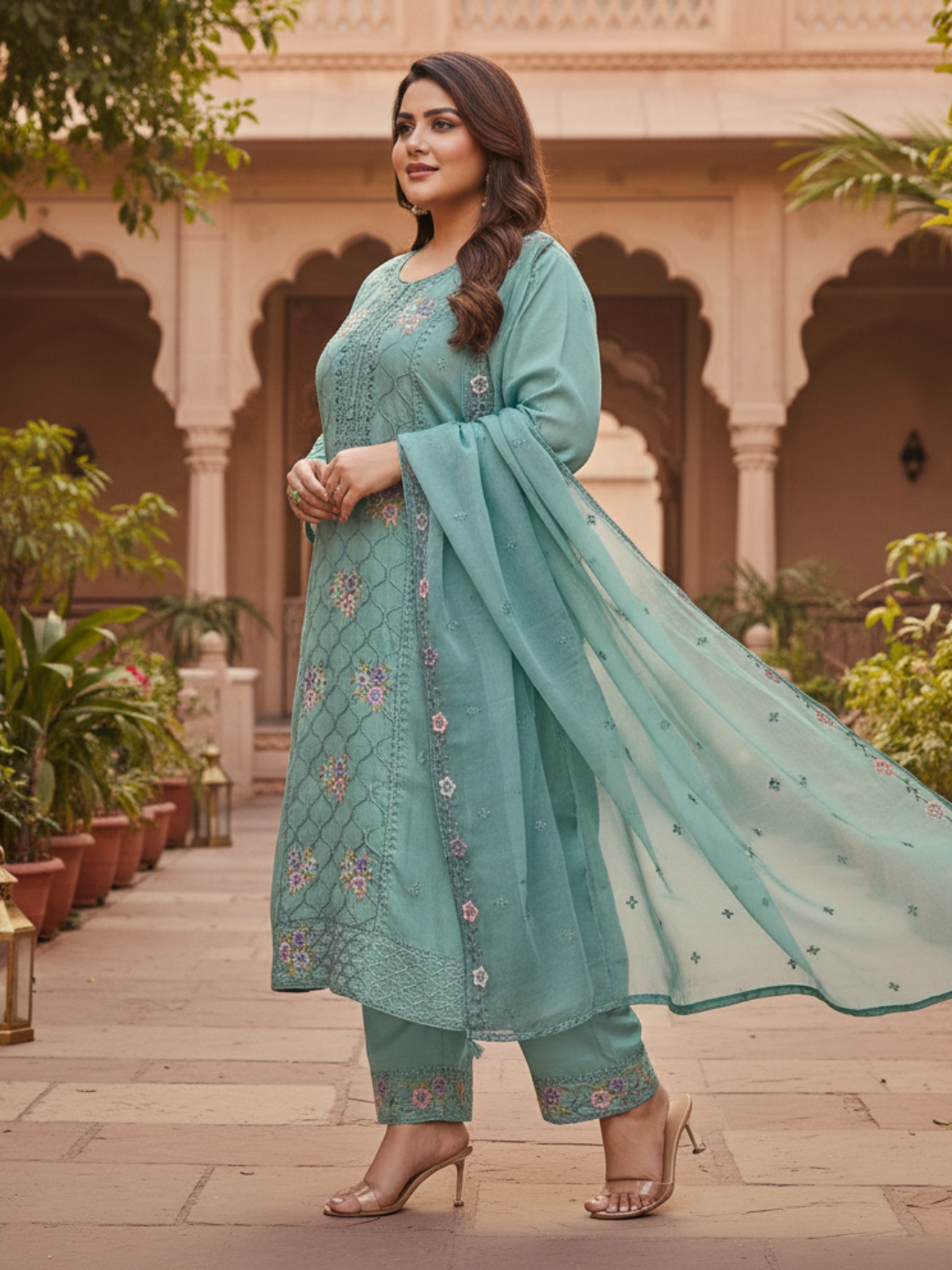 Elegant Aqua Green Embroidered Silk Blend Kurta Pant Set with Sheer Dupatta (Plus Size)
