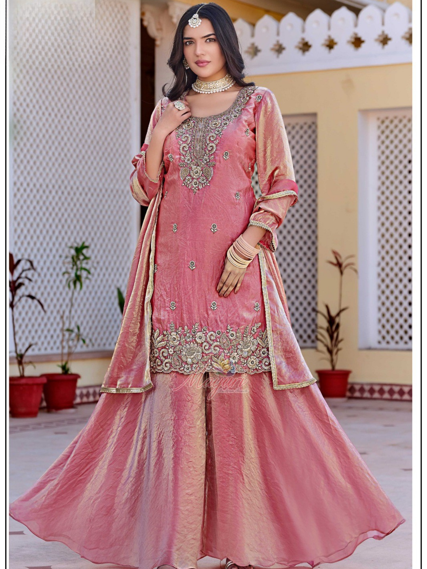 Women’s Pink Designer Dhoop Chhaon Kurta Set with Palazzo and Dupatta for Festive Wear