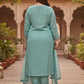 Elegant Aqua Green Embroidered Silk Blend Kurta Pant Set with Sheer Dupatta (Plus Size)