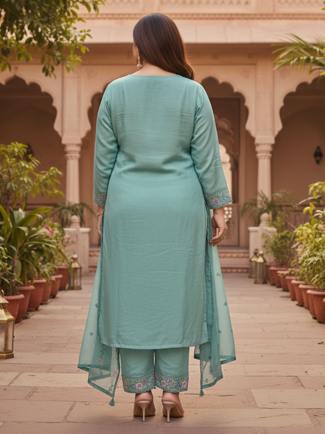 Elegant Aqua Green Embroidered Silk Blend Kurta Pant Set with Sheer Dupatta (Plus Size)