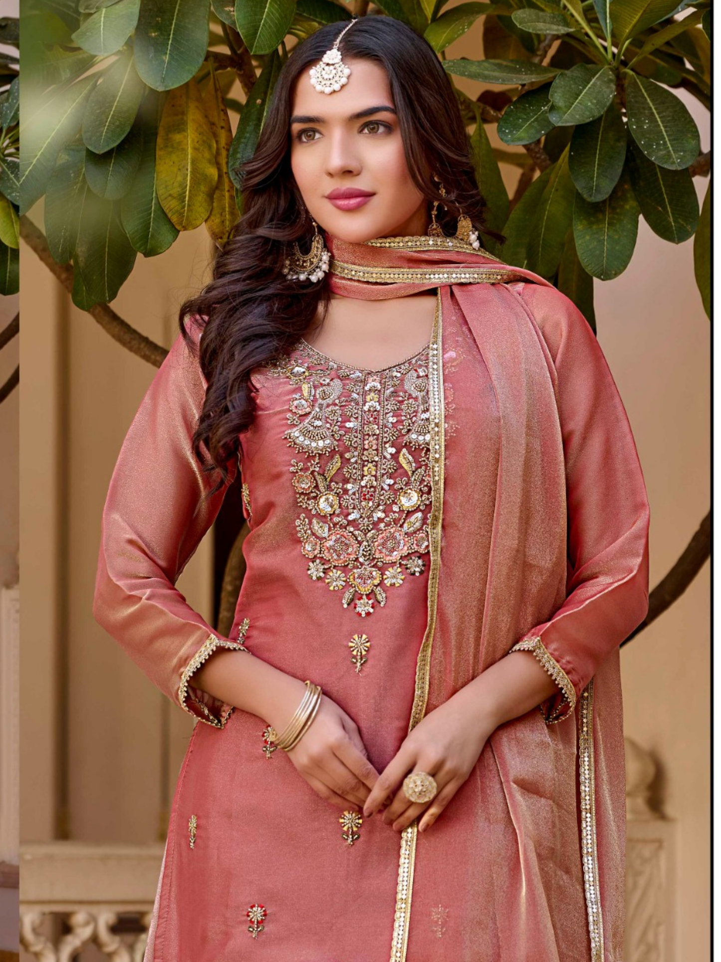 Women’s Pink Designer Dhoop Chhaon Kurta Set with Palazzo and Dupatta for Festive Wear