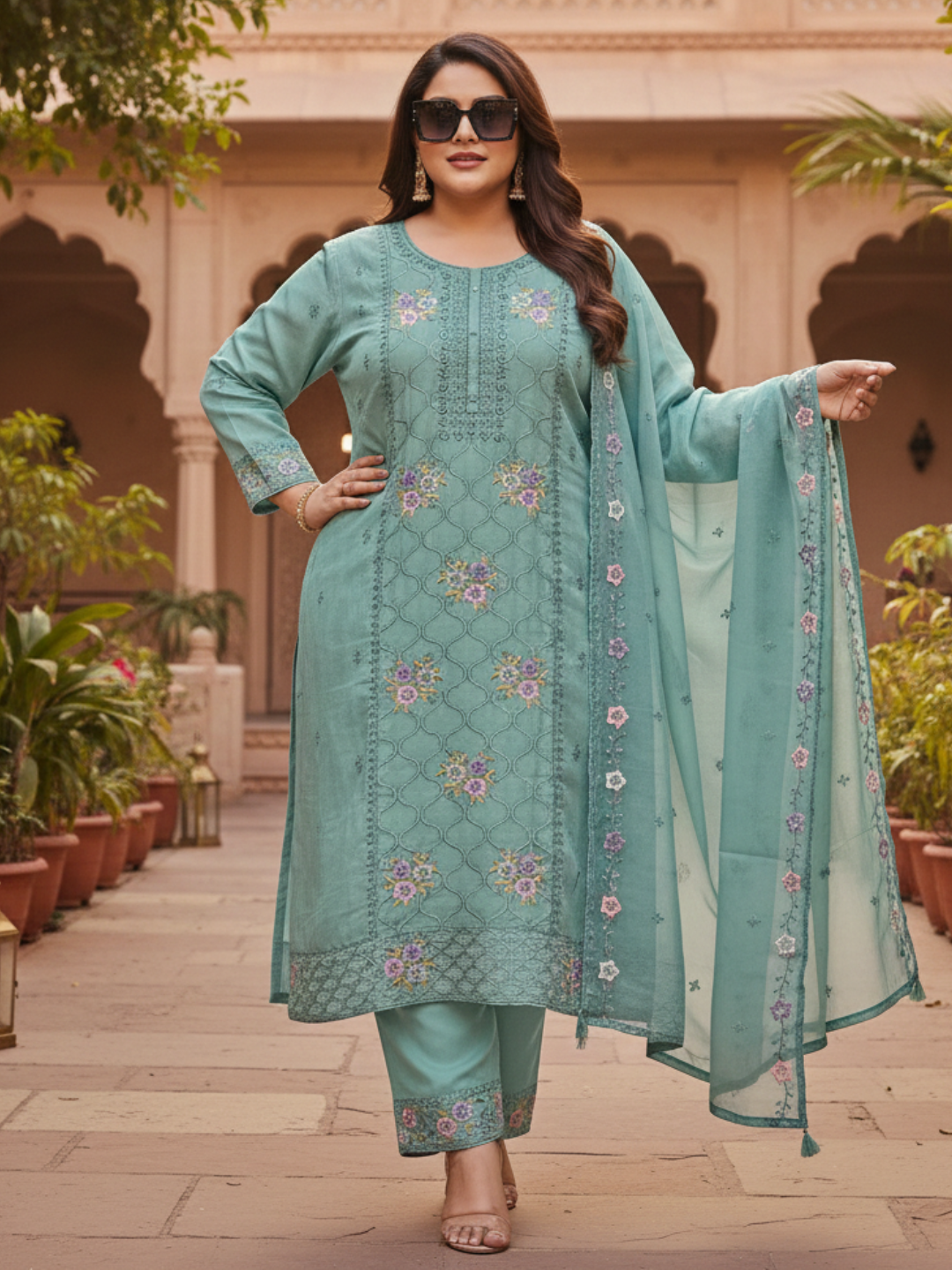 Elegant Aqua Green Embroidered Silk Blend Kurta Pant Set with Sheer Dupatta (Plus Size)