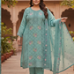 Elegant Aqua Green Embroidered Silk Blend Kurta Pant Set with Sheer Dupatta (Plus Size)
