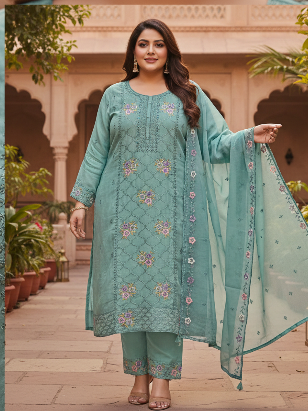 Elegant Aqua Green Embroidered Silk Blend Kurta Pant Set with Sheer Dupatta (Plus Size)