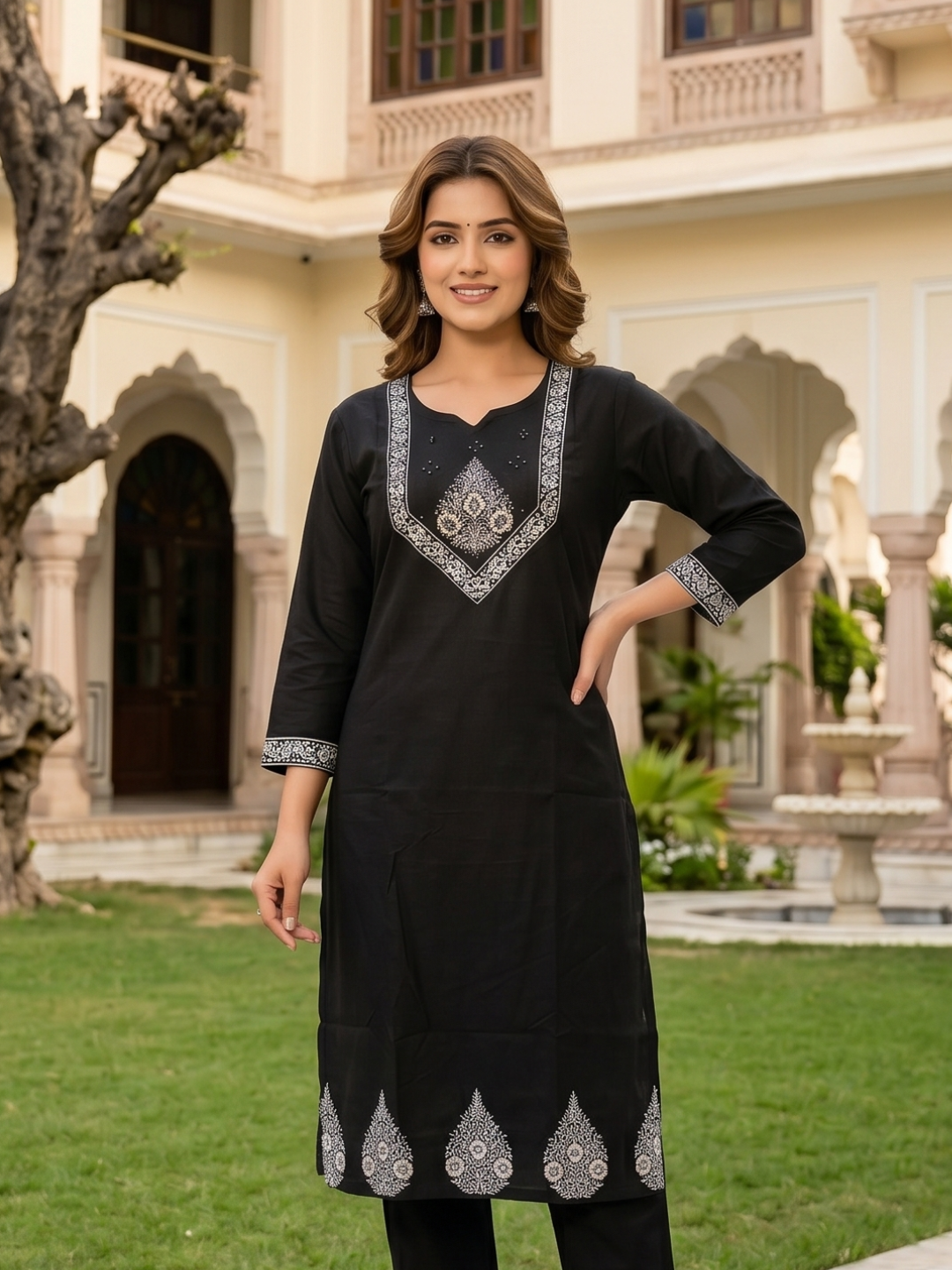 Classic Black Embroidered Kurta Pant Set for Women (M to XXL)