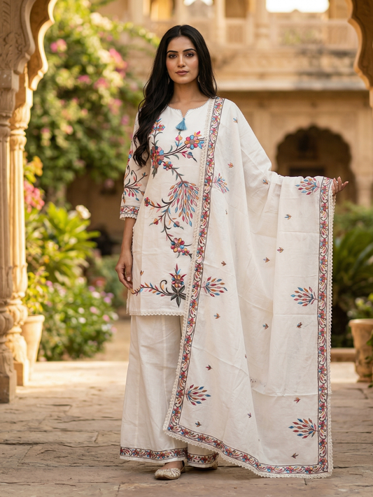Ivory Multicolor Floral Embroidered Pure Cotton Kurta Palazzo Set with Dupatta – Summer Special Ethnic Wear | Summer Collection | Sizes M to XXL