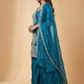 Teal Blue Embroidered Tissue Suit Set for Women | 3-Piece Kurta, Palazzo & Dupatta | Festive Wear