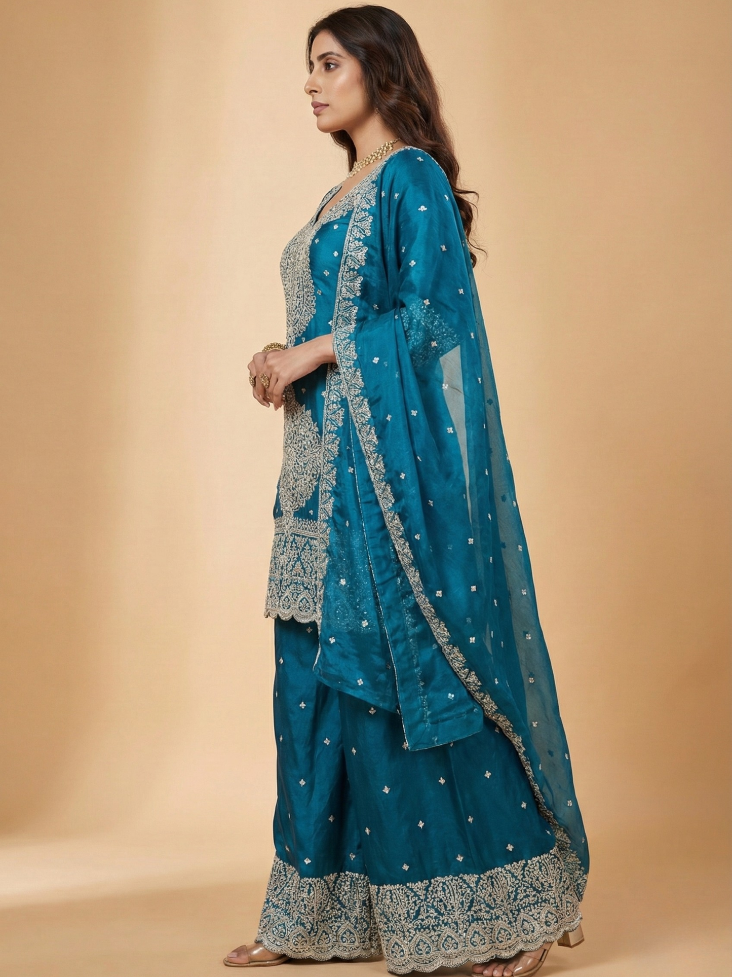 Teal Blue Embroidered Tissue Suit Set for Women | 3-Piece Kurta, Palazzo & Dupatta | Festive Wear