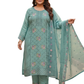 Elegant Aqua Green Embroidered Silk Blend Kurta Pant Set with Sheer Dupatta (Plus Size)