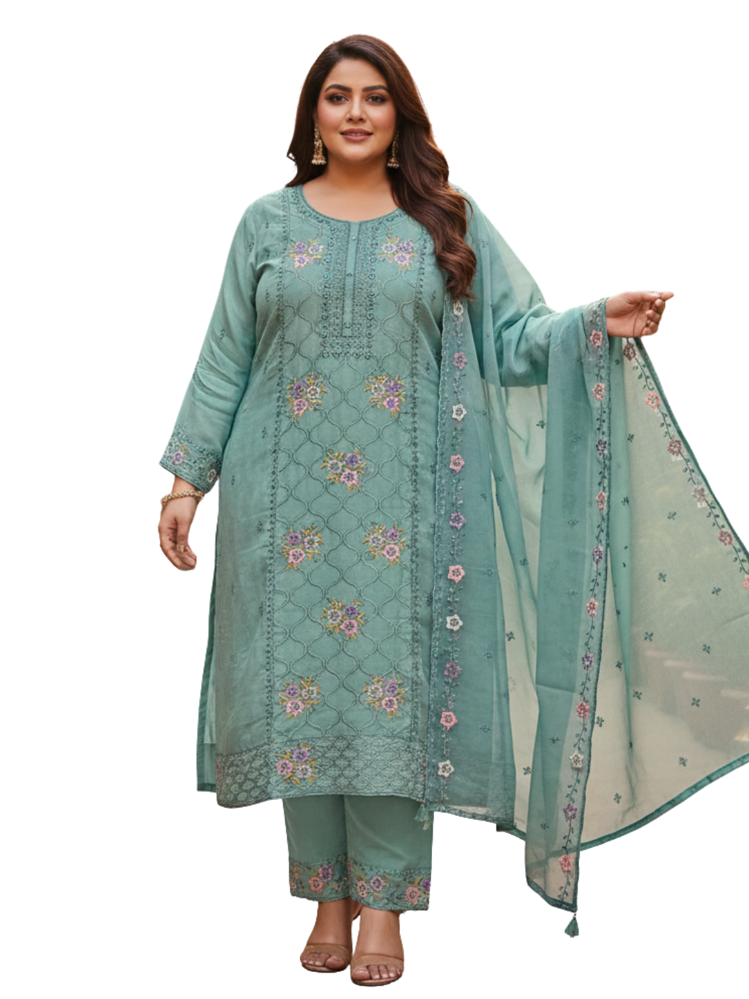 Elegant Aqua Green Embroidered Silk Blend Kurta Pant Set with Sheer Dupatta (Plus Size)