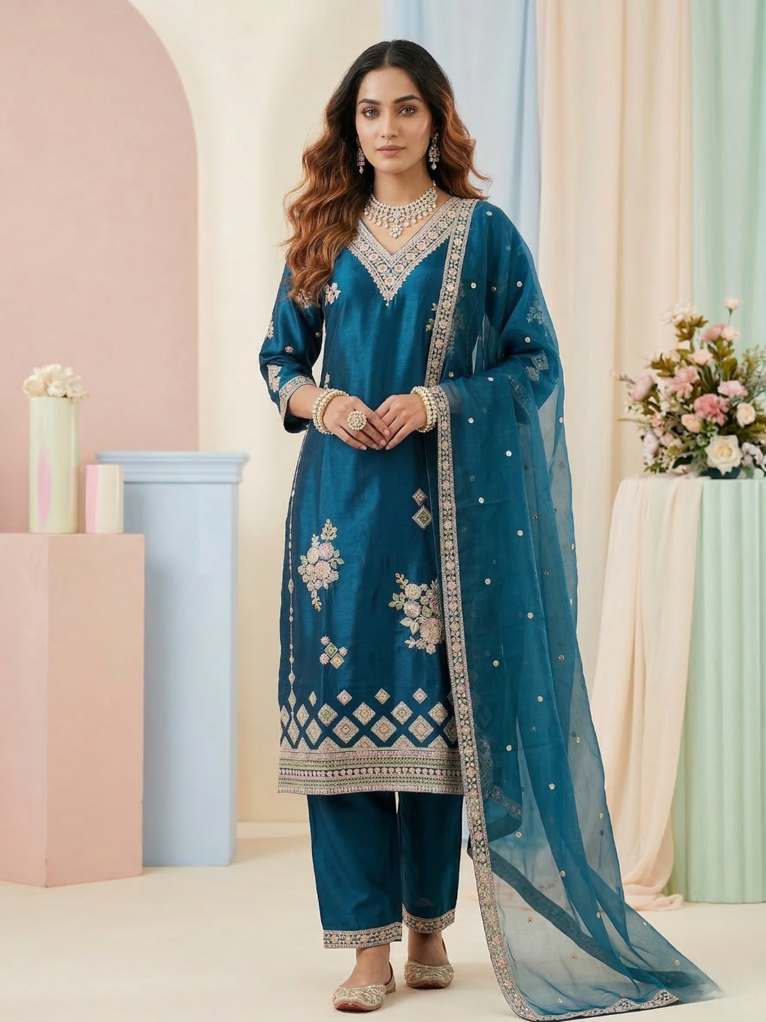 Teal Blue Embroidered Silk Blend Kurta Pant Set with Sheer Dupatta – Festive Ethnic Wear | Plus Size (3XL, 4XL, 5XL)