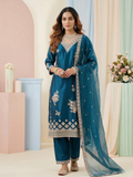 Teal Blue Embroidered Silk Blend Kurta Pant Set with Sheer Dupatta – Festive Ethnic Wear | Plus Size (3XL, 4XL, 5XL)