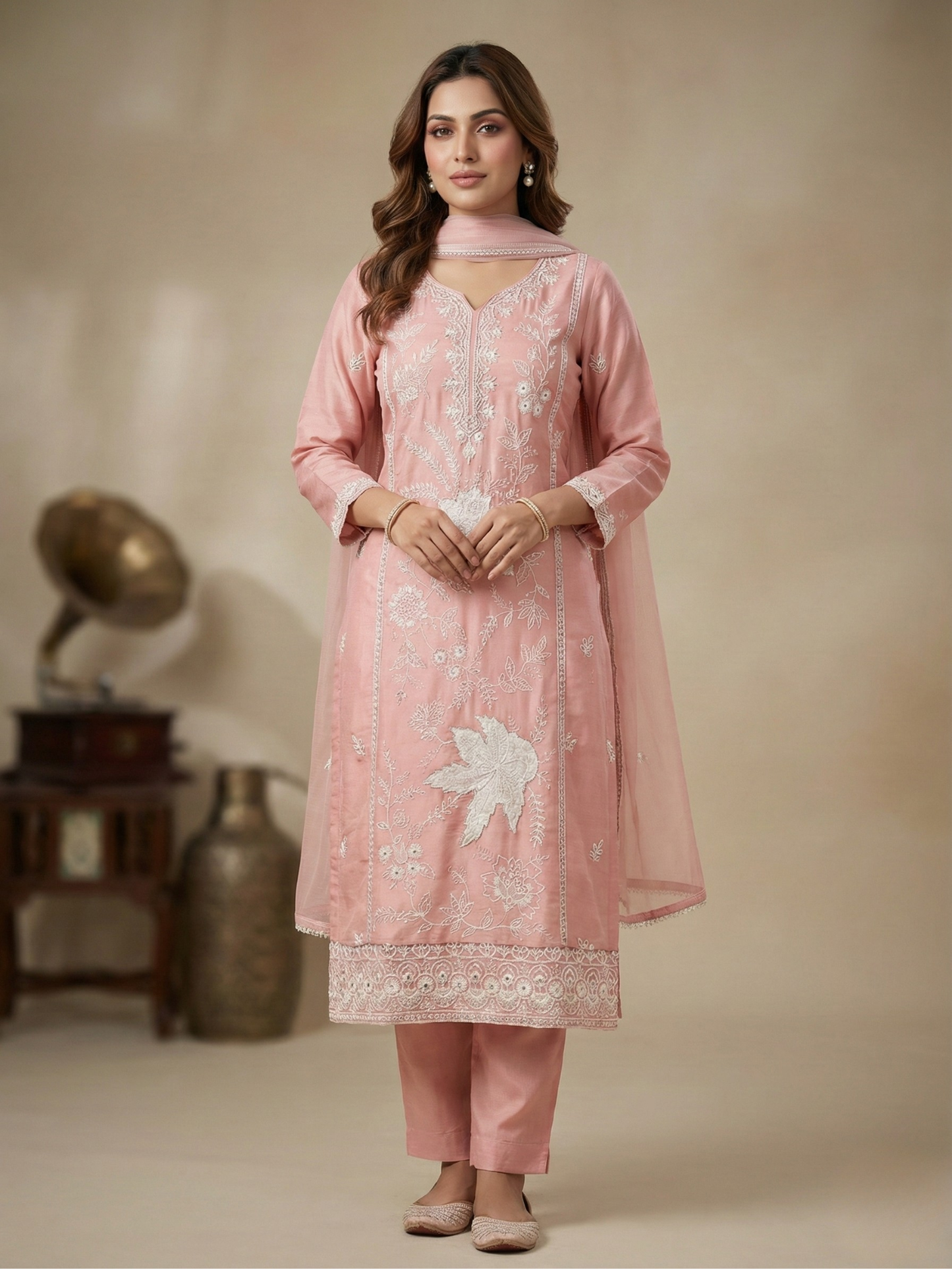 Blush Pink Kurta Pant Set with Sheer Dupatta - 3XL, 4XL, 5XL Plus Size