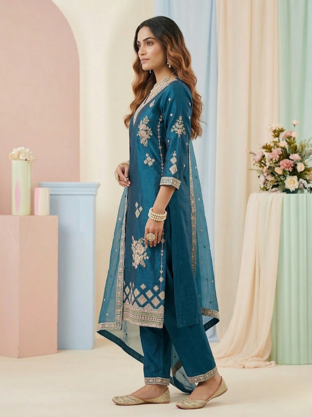 Teal Blue Embroidered Silk Blend Kurta Pant Set with Sheer Dupatta – Festive Ethnic Wear | Plus Size (3XL, 4XL, 5XL)