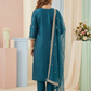 Teal Blue Embroidered Silk Blend Kurta Pant Set with Sheer Dupatta – Festive Ethnic Wear | Plus Size (3XL, 4XL, 5XL)