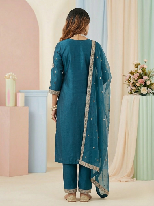Teal Blue Embroidered Silk Blend Kurta Pant Set with Sheer Dupatta – Festive Ethnic Wear | Plus Size (3XL, 4XL, 5XL)