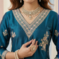 Teal Blue Embroidered Silk Blend Kurta Pant Set with Sheer Dupatta – Festive Ethnic Wear | Plus Size (3XL, 4XL, 5XL)