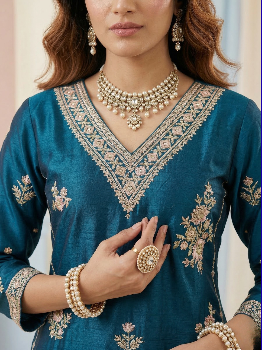 Teal Blue Embroidered Silk Blend Kurta Pant Set with Sheer Dupatta – Festive Ethnic Wear | Plus Size (3XL, 4XL, 5XL)