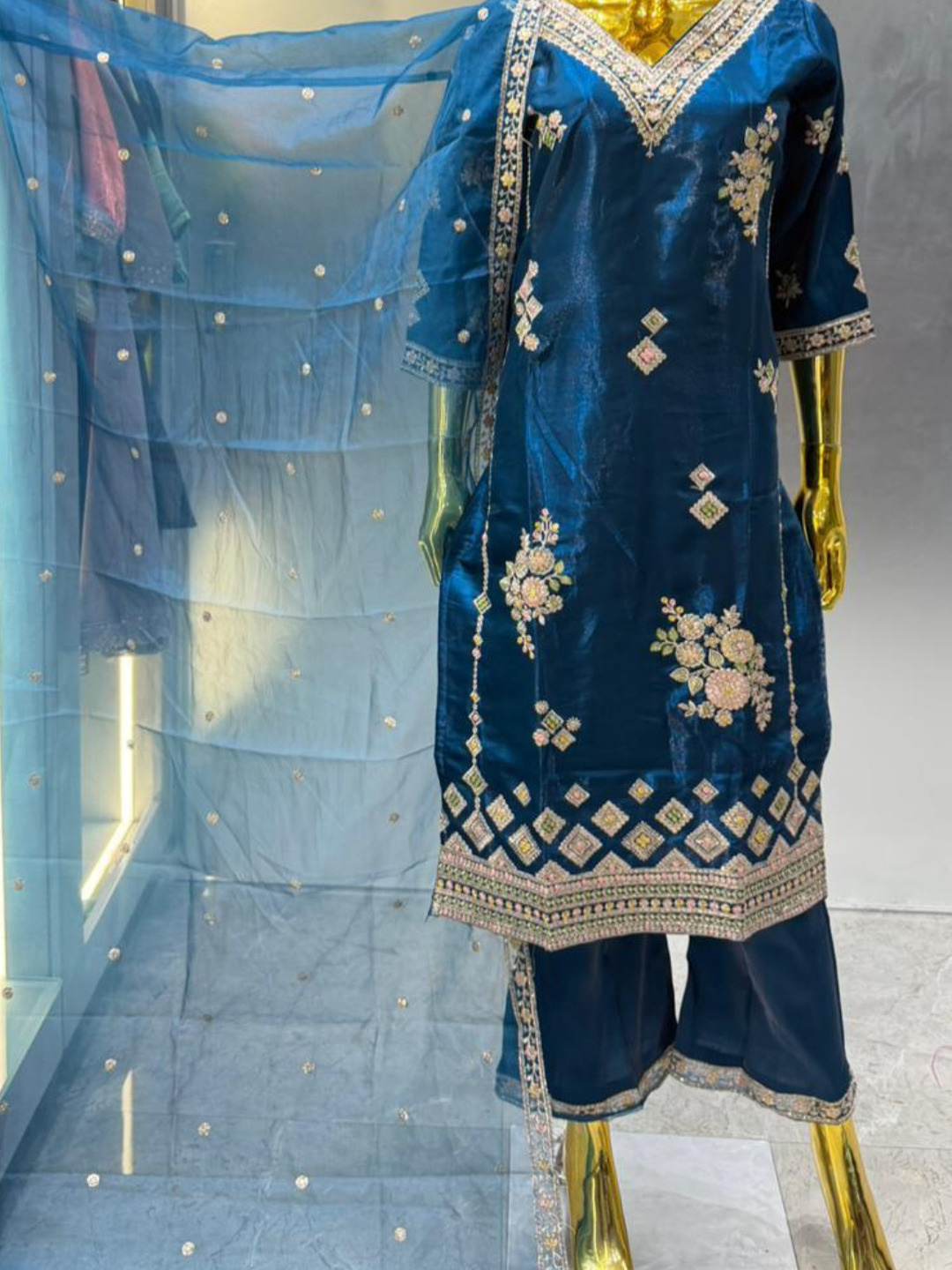 Teal Blue Embroidered Silk Blend Kurta Pant Set with Sheer Dupatta – Festive Ethnic Wear | Plus Size (3XL, 4XL, 5XL)